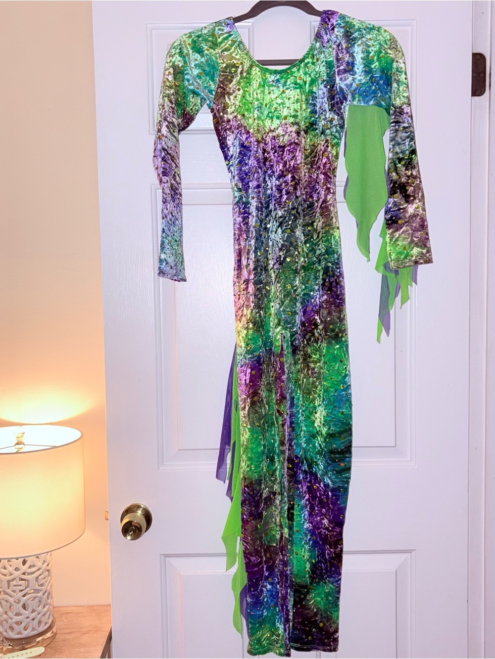 Vibrant Green & Purple Crushed Velvet Dance Costume Unitard Bodysuit